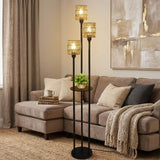 Boho Rotan Vloerlamp met Tafel – 3-Lichts Staande Lamp met Plankje – Zwart Metaal & Bamboe (168cm)