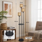 Boho Rotan Vloerlamp met Tafel – 3-Lichts Staande Lamp met Plankje – Zwart Metaal & Bamboe (168cm)