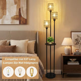 Boho Rotan Vloerlamp met Tafel – 3-Lichts Staande Lamp met Plankje – Zwart Metaal & Bamboe (168cm)