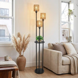 Boho Rotan Vloerlamp met Tafel – 3-Lichts Staande Lamp met Plankje – Zwart Metaal & Bamboe (168cm)