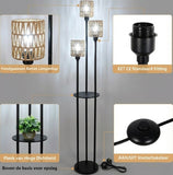 Boho Rotan Vloerlamp met Tafel – 3-Lichts Staande Lamp met Plankje – Zwart Metaal & Bamboe (168cm)