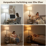 Luxe Vloerlamp met Tafel & USB-C – 3-in-1 Staande Lamp met Dimbare LED & Afstandsbediening (Hout/Zwart)