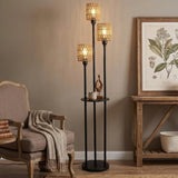 Boho Rotan Vloerlamp met Tafel – 3-Lichts Staande Lamp met Plankje – Zwart Metaal & Bamboe (168cm)