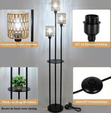 Boho Rotan Vloerlamp met Tafel – 3-Lichts Staande Lamp met Plankje – Zwart Metaal & Bamboe (168cm)