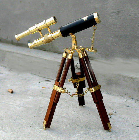 Telescoop verrekijker op houten statief antiek vintage